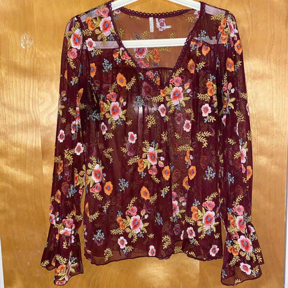 Anthropologie Sheer Embroidered Top Sz Xs Feather Bone